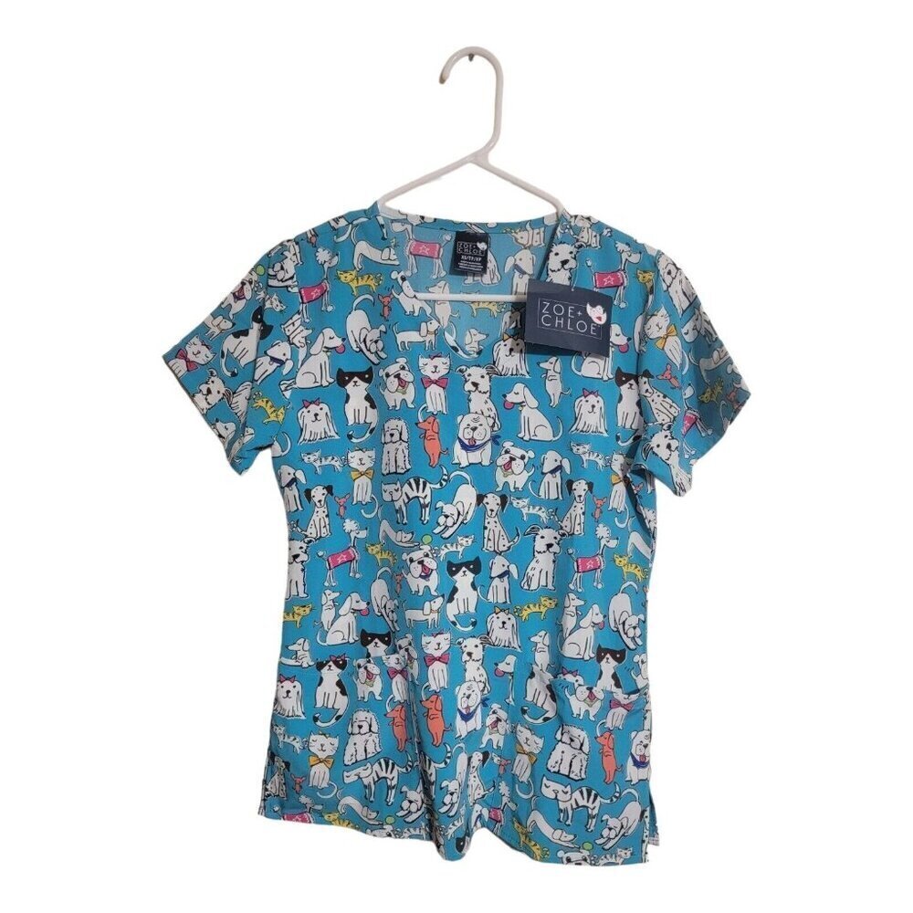 Zoe + Chloe Top Women Size Xs Multicolor Dog Cat Print Vet Tech Nurse Scrub